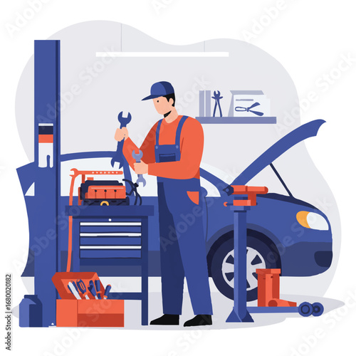 Flat 2D vector illustration of a skilled mechanic in blue overalls diligently working on a car engine in a tidy garage, holding a wrench amidst neatly arranged tools on a workbench.