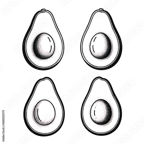 A collection of four handdrawn avocado halves with seeds in a black and white engraving style.