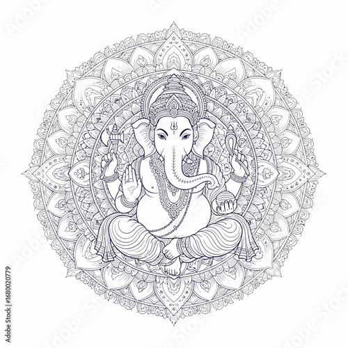 An intricate line art illustration of the Hindu god Ganesha seated in a lotus pose within a detailed mandala.