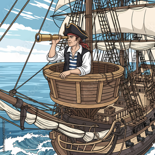 A cartoon pirate in a ship's crow's nest, using a telescope to scan the ocean.