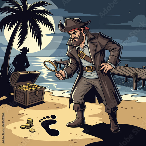 A cartoon pirate investigates a footprint on a beach with a magnifying glass, near a treasure chest filled with gold coins under a palm tree at night.