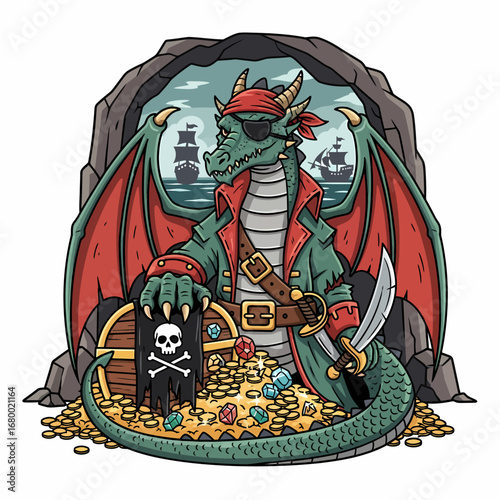 A fearsome green dragon adorned as a pirate, guarding a treasure chest overflowing with gold coins and jewels, with ships sailing on the ocean in the background.