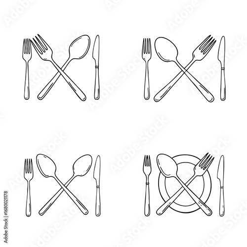 A collection of four handdrawn sketch illustrations of dining cutlery sets including forks spoons knives and a plate.