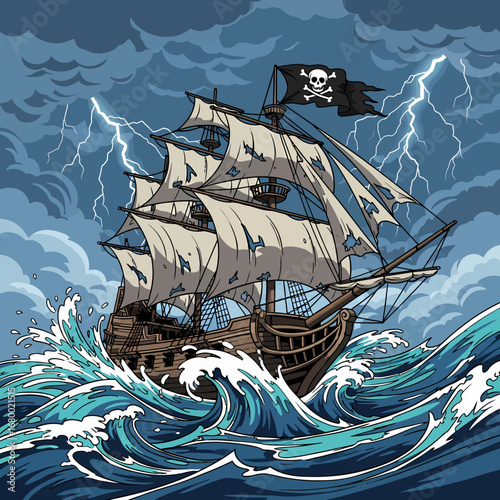 A majestic pirate ship with tattered sails navigates through a stormy sea with lightning striking in the background.