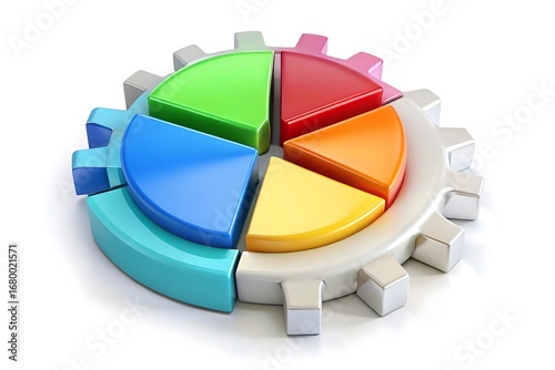A pie chart with five colorful sections is set inside a gray gear.