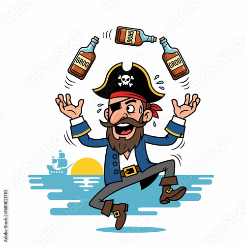 A cheerful cartoon pirate with an eyepatch happily juggles three bottles of grog while dancing by the sea at sunset.
