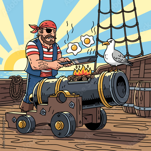 A cartoon pirate with an eyepatch creatively cooks fried eggs over a fire on a cannon aboard his ship as a seagull watches.