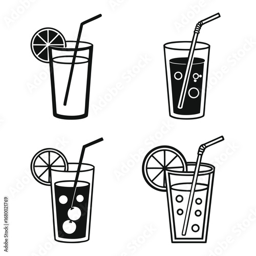 Illustration of four glasses filled with liquid each with a straw and a citrus fruit slice garnish
