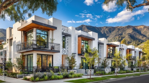 Modern Townhouse Complex Exterior With Mountain View