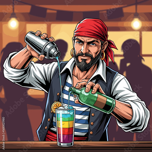 A pirate bartender expertly pours a colorful layered cocktail from a shaker and bottle at a busy bar.
