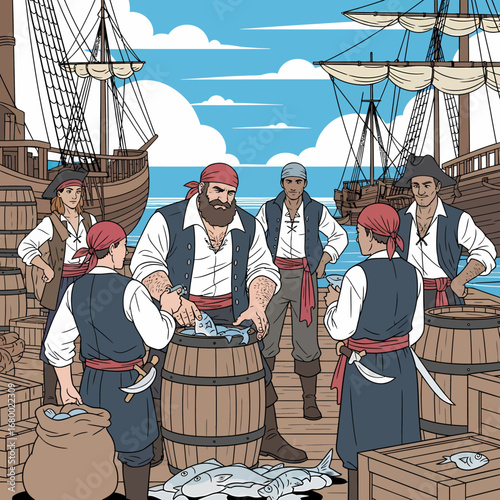 A group of pirates on a wooden dock preparing a fresh catch of fish, with tall sailing ships moored nearby.