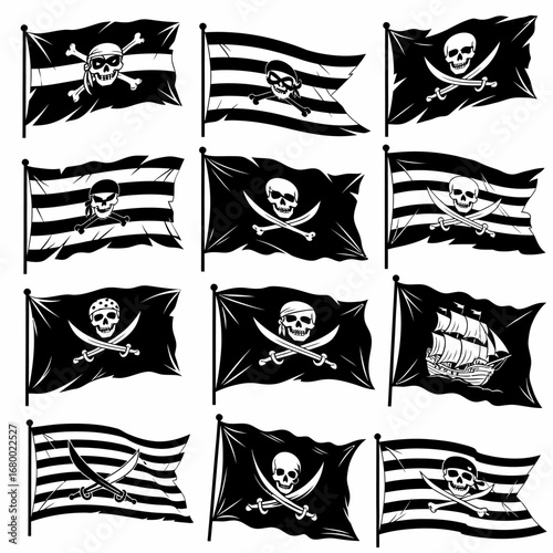 Collection of various black and white pirate flags with skull and crossbones designs.