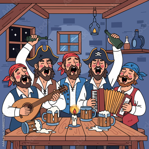 Five jovial bearded men, dressed as pirates, sing loudly and play instruments in a lively tavern, surrounded by beer mugs.