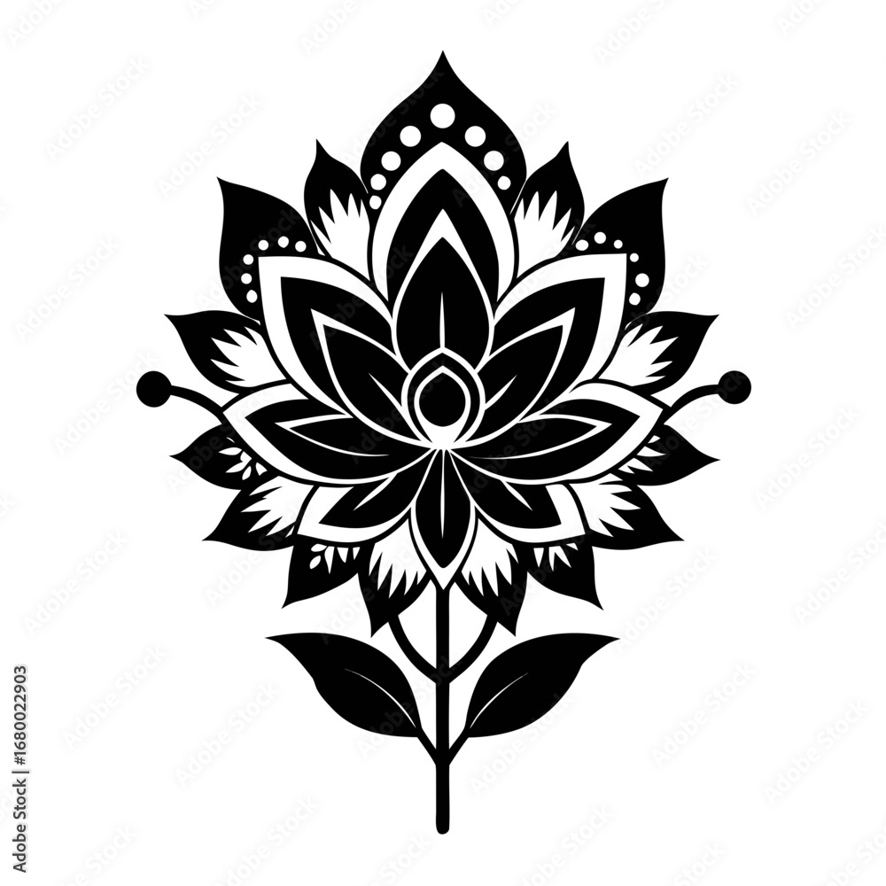 Obraz premium Mystic Ethnic Bloom Black Silhouette Vector Illustration on White Background