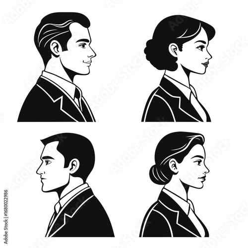 Illustration of four people in profile wearing suits and ties in a black and white color scheme