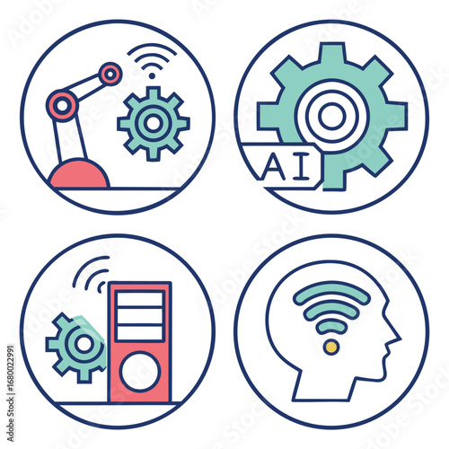 Illustration of four icons representing artificial intelligence and automation concepts and technology