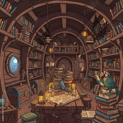 A charming illustrated pirate ship's library cabin, brimming with books, a treasure map, glowing lanterns, and a colorful parrot.