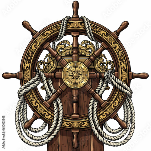 Intricately designed wooden ship's wheel with decorative elements, ropes, and compass.