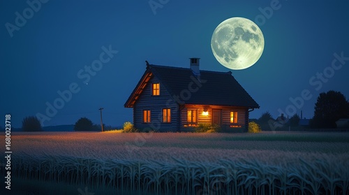 Cozy Wooden House Under the Full Moon in the Countryside