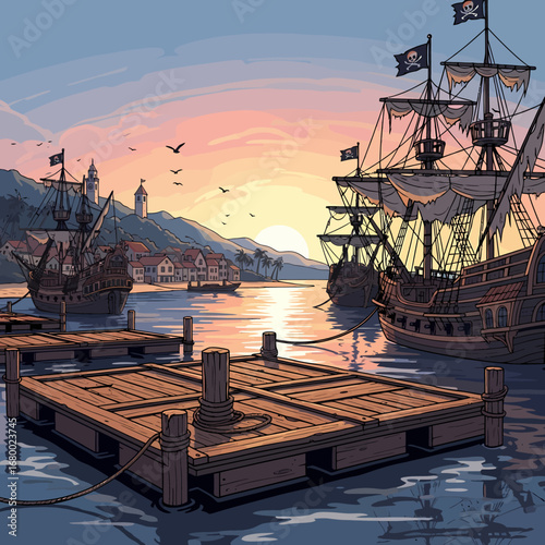 Pirate ships with Jolly Roger flags are anchored in a tranquil harbor at a colorful sunset.