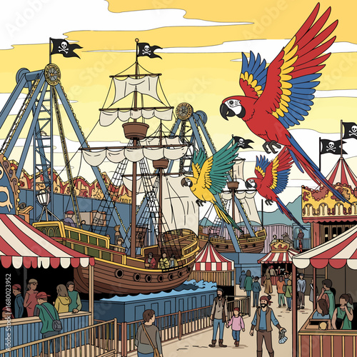 Illustration of a bustling amusement park with pirate ship rides, carnival booths, and colorful parrots flying overhead, filled with people enjoying the attractions.