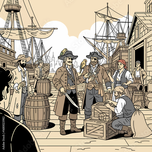 Pirates and merchants interact on a busy dock with ships, barrels, and crates in a vintage illustration style.