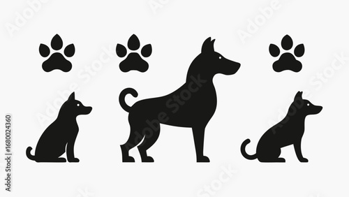 Dogs silhouette and paw print set silhouette