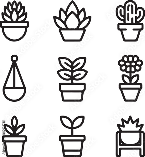 Potted Plants Outline Icons Set Round Pot Plant, Succulent, Cactus, Hanging Pot, Tall Leafy Plant, Flowering Pot, Small Sprout, and Plant Stand