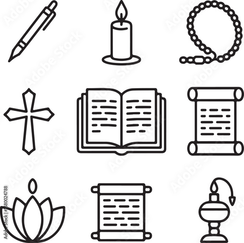 Prayer & Devotion Outline Icons Set Open Holy Book, Pen, Candle, Prayer Beads, Cross, Lotus, Scroll, and Lamp
