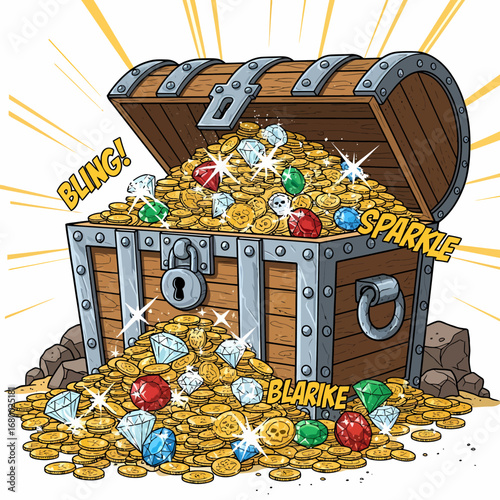 An open wooden treasure chest overflowing with gold coins, diamonds, rubies, and emeralds, with cartoonish "bling!", "sparkle", and "blarike" effects.