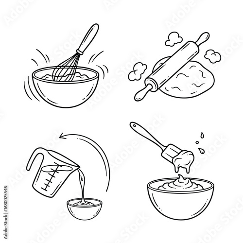 A set of four handdrawn baking process icons showing whisking rolling dough pouring liquid and spreading batter.