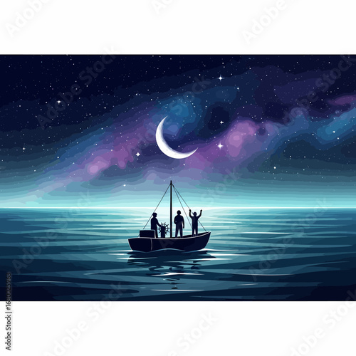 Three silhouetted figures joyfully celebrate on a small sailboat under a crescent moon and starry night sky.