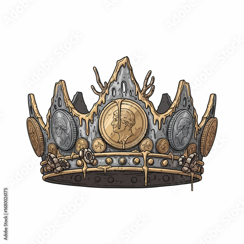 An ornate crown of melting metal, adorned with ancient gold and silver coins in an engraved style.