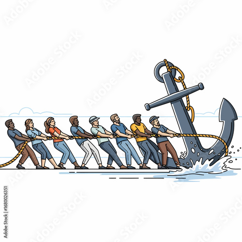 A diverse group of people working together, pulling a large anchor with a rope, symbolizing teamwork and collective effort against a backdrop of water.
