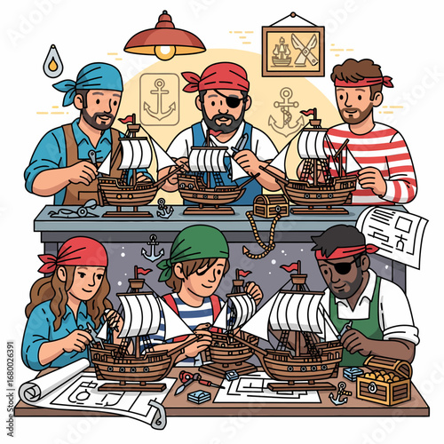 A group of diverse individuals, dressed as pirates, diligently assembling miniature wooden sailing ships at a workbench filled with tools and nautical decorations.