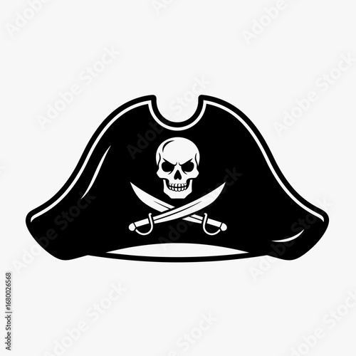 Black pirate hat with skull and crossed swords emblem.