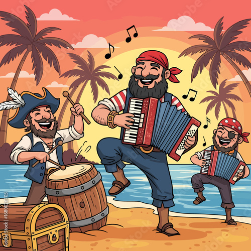 Jolly pirate band plays music on a tropical beach at sunset.