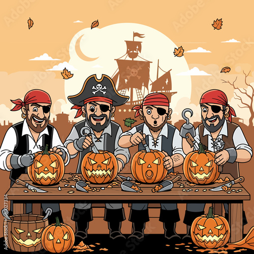 Four pirates wearing eye patches and bandanas carve spooky jack-o'-lanterns at a wooden table, with a pirate ship silhouetted against a crescent moon in the background.