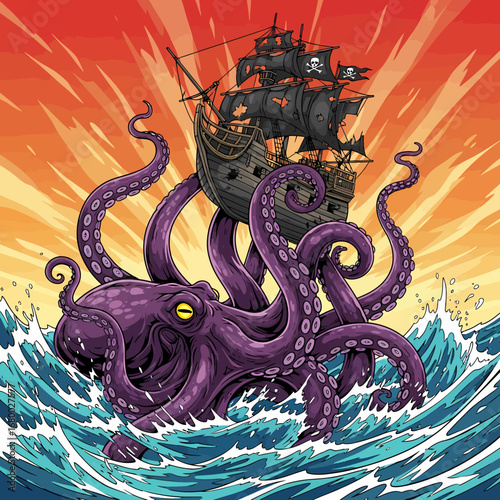 A fierce purple octopus attacks a pirate ship on a turbulent ocean with a dramatic sunset.