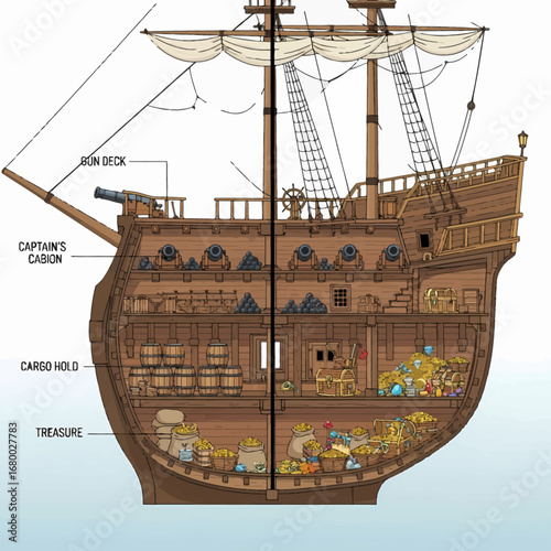 Cross-section illustration of a galleon ship, showing the iron deck, captain's cabin, cargo hold, and treasure storage.