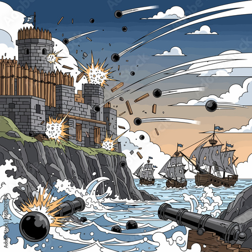 Coastal fortress under siege; cannon fire, ships attacking, explosions.