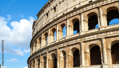 Ancient Roman Colosseum facade under a partly cloudy sky
