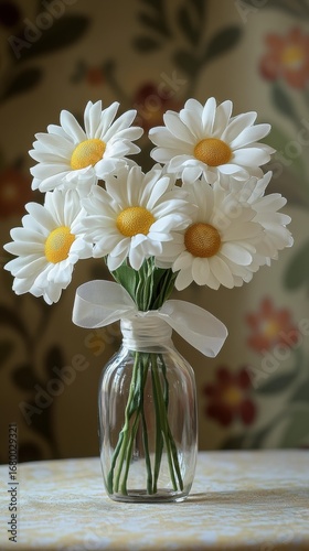 White daisies with yellow centers are in a clear glass bottle tied with a white ribbon. AI.