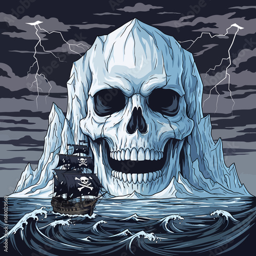 A massive ice berg skull, a pirate ship, and stormy seas, a dramatic graphic design.