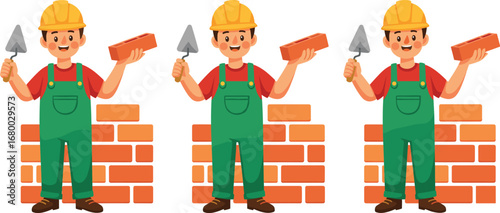 Cartoon, construction worker, brick wall, masonry, builder, trowel, hard hat, labor, building site, illustration, cartoon character, construction gear, bricklaying, construction job, construction site