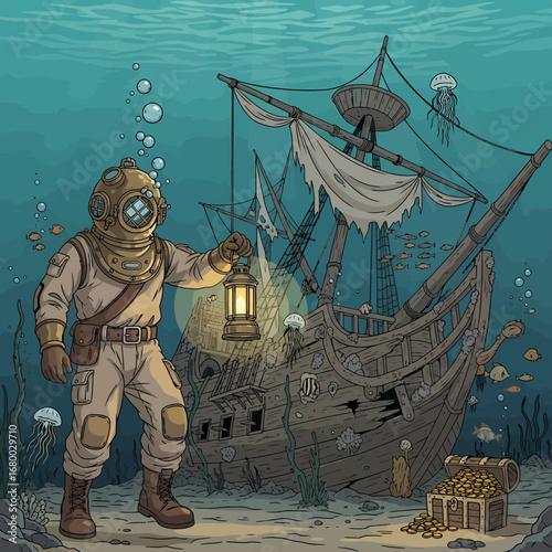 A vintage diver with a lantern explores a sunken shipwreck, surrounded by marine life and a treasure chest on the seabed.
