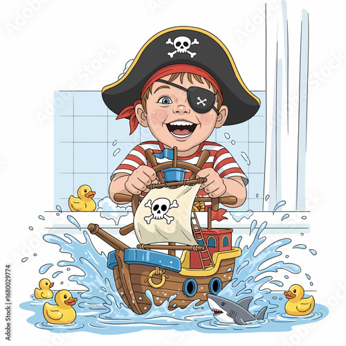 A playful young pirate steers a toy ship in a bathtub, surrounded by rubber ducks and a shark.