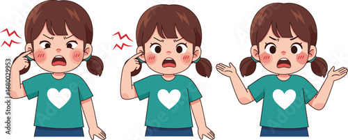 Cartoon, girl, cheek pain, toothache, facial discomfort, emotion, expression, medical, child, illustration, health, symptom, confused, pointing, angry, pediatric, dental, problem, reaction, cute