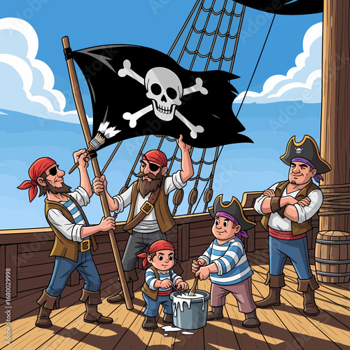 Jolly Roger pirates raising their skull and crossbones flag, a young pirate helps paint.