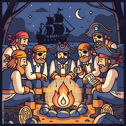 A crew of cartoon pirates gathered around a glowing campfire at night, with their ship anchored in the bay.